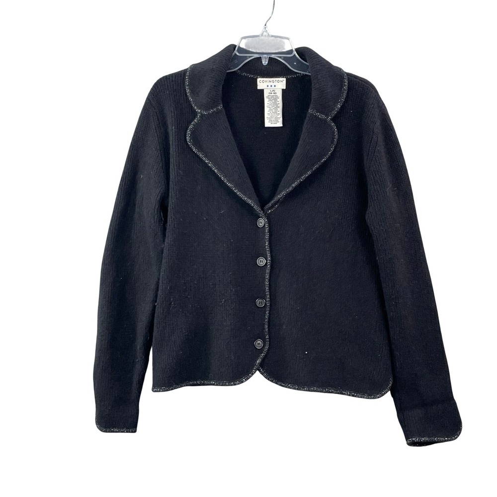 Covington Cardigan Sweater Womens L Black Lambswool Angora Metallic Trim Knit